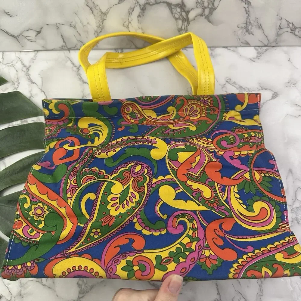 Vintage 70s Tote Bag Purse Green Yellow Paisly Floral Canvas Funky Top Handle